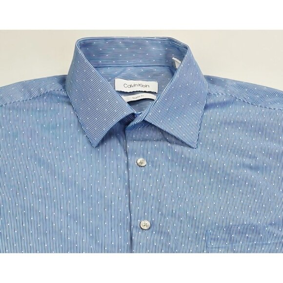 Calvin Klein Regular Fit Size 16.5 32-33 Large Mens Blue White Stripe Polka Dots - Picture 1 of 10